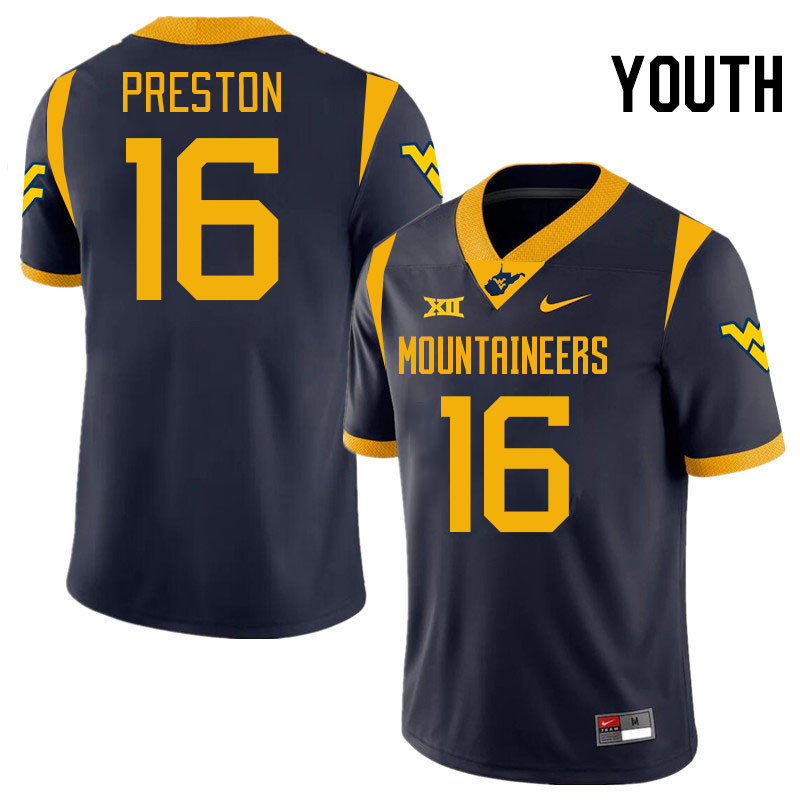 Youth #16 Mikey Preston West Virginia Mountaineers College 2024 New Uniforms Football Jerseys Stitch